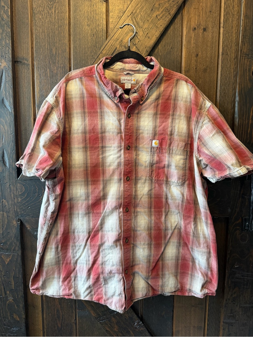 Carhartt 4XL Relaxed Fit Plaid Button Up Shirt Red Tan Short Sleeve